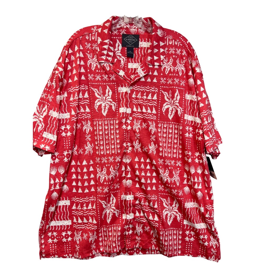 St. Johns Bay Mens XXL Short Sleeve Button Up Shirt Coral Red Tropical Cotton